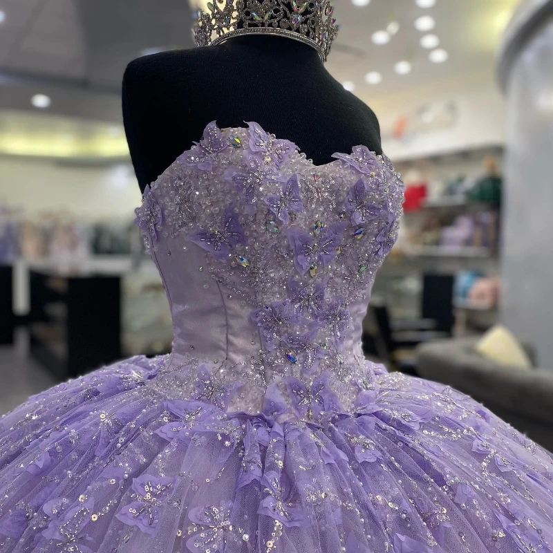 EVLAST Personalizzato Lavanda Lucido Abito Quinceanera per 15 Anni Abito di Sfera Applique Fiocco Perline Dolce 16 Abiti Da 15 Anni TQD034