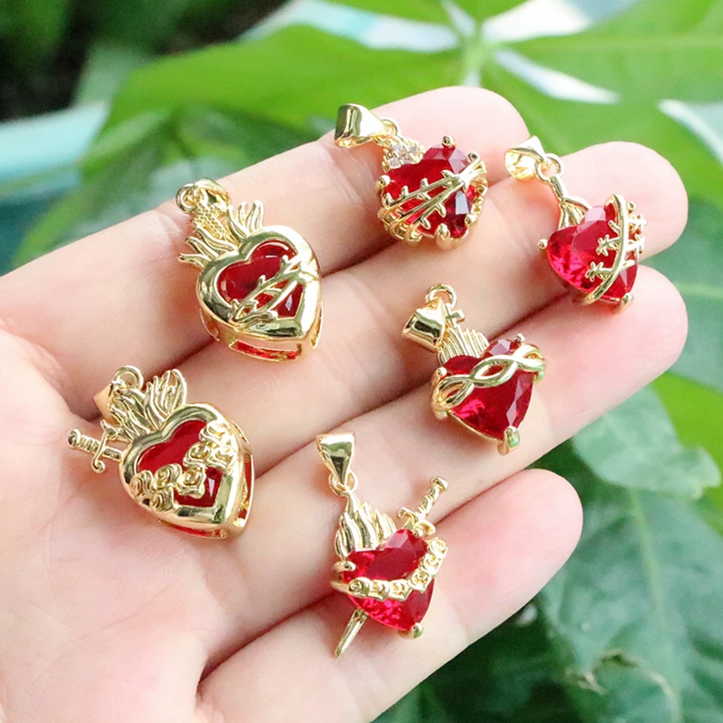 

HOT 6pcs/Lot CopperRetro Red Heart Zircon Cross Necklace Pendants Enamal Love Heart DIY Charms WomenJewelry Wholesale ﻿