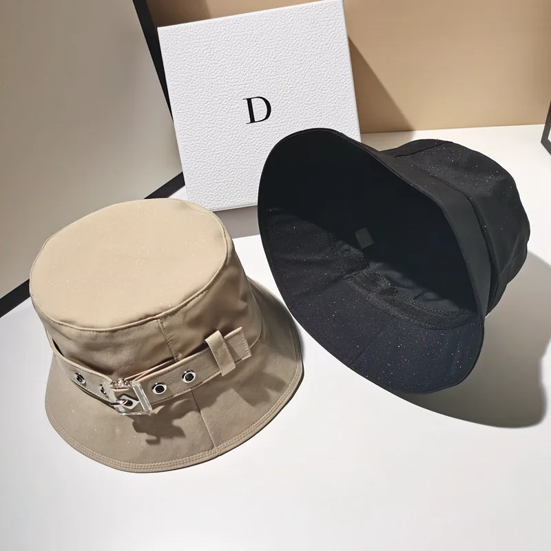 Luxury Panama Belt Buckle Bucket Hats Designer Brand Women Shiny Casual Hat Spring Summer Sunscreen Fisherman Hat Black Khaki