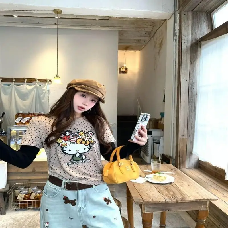 

Sanrio Hello Kitty Kawaii Anime Fashion Casual Splicing Long Sleeve Base T-shirt Women Autumn/Winter Sets of Two Pieces Woman