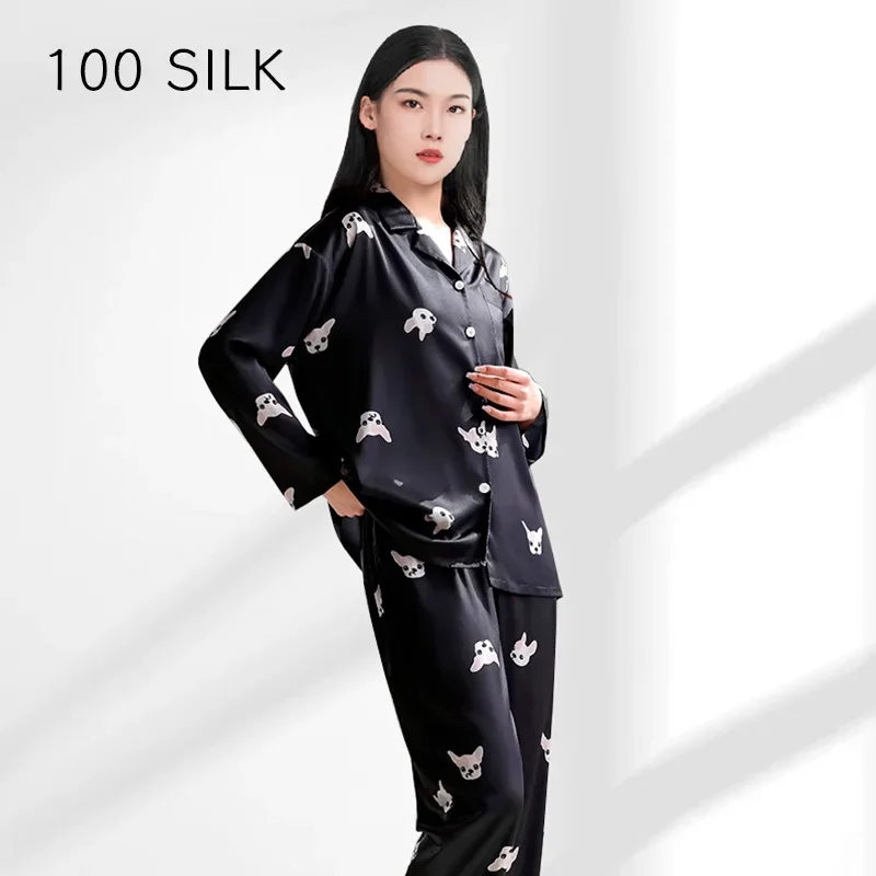 Unisex-Seide, Heimkleidung, 100 % Maulbeerseide, langärmelige Hemden mit Knöpfen, Hosenanzug, Bulldogge, Welpen, Paar, Seide, 2-teilige Pyjama-Sets