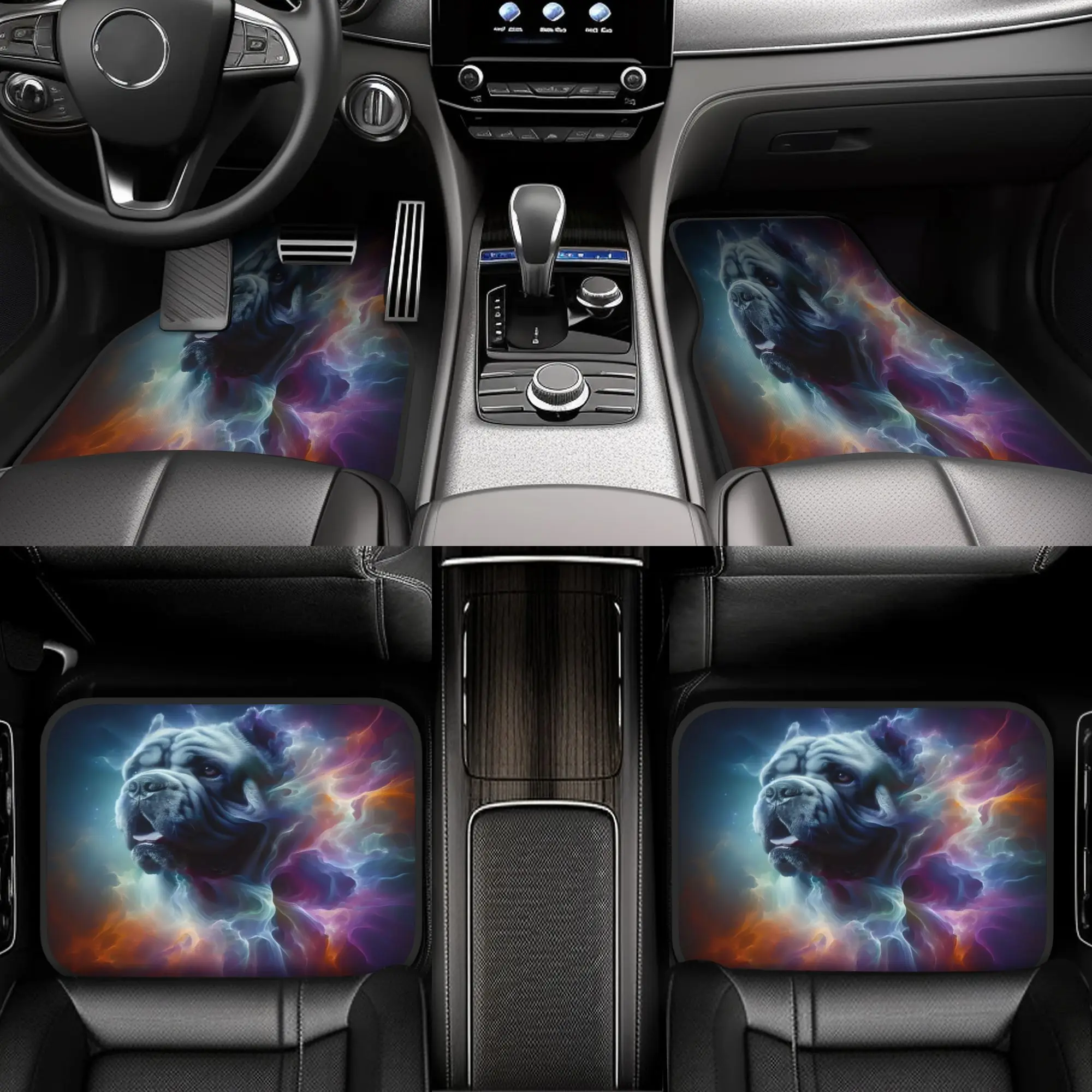 French Mastiff Dreams In Spectral Hues Four Piece Set Of Crystal Velvet Car Floor Mats, Vehicle Interior Mats, Decorative Mats,