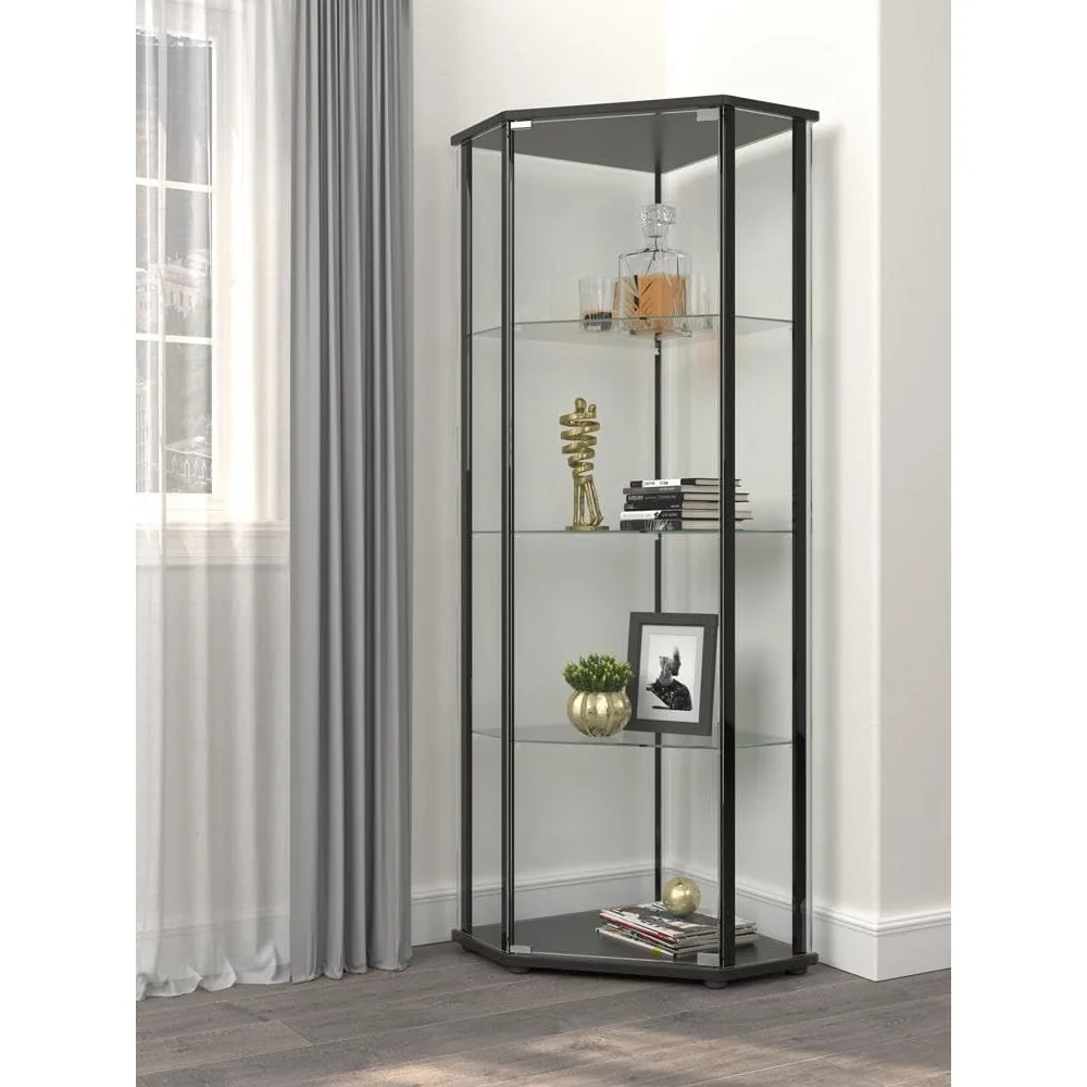 

4-Shelf Curio Cabinet with Metal Supports, Wooden Frame, Tempered Glass Shelves and Chrome