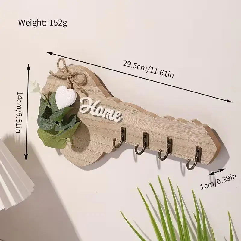 1 Wooden "Home" Key Holder Wall Decor With Heart Embellishments And 4 Hooks - Stylish Modern Party Home Decor