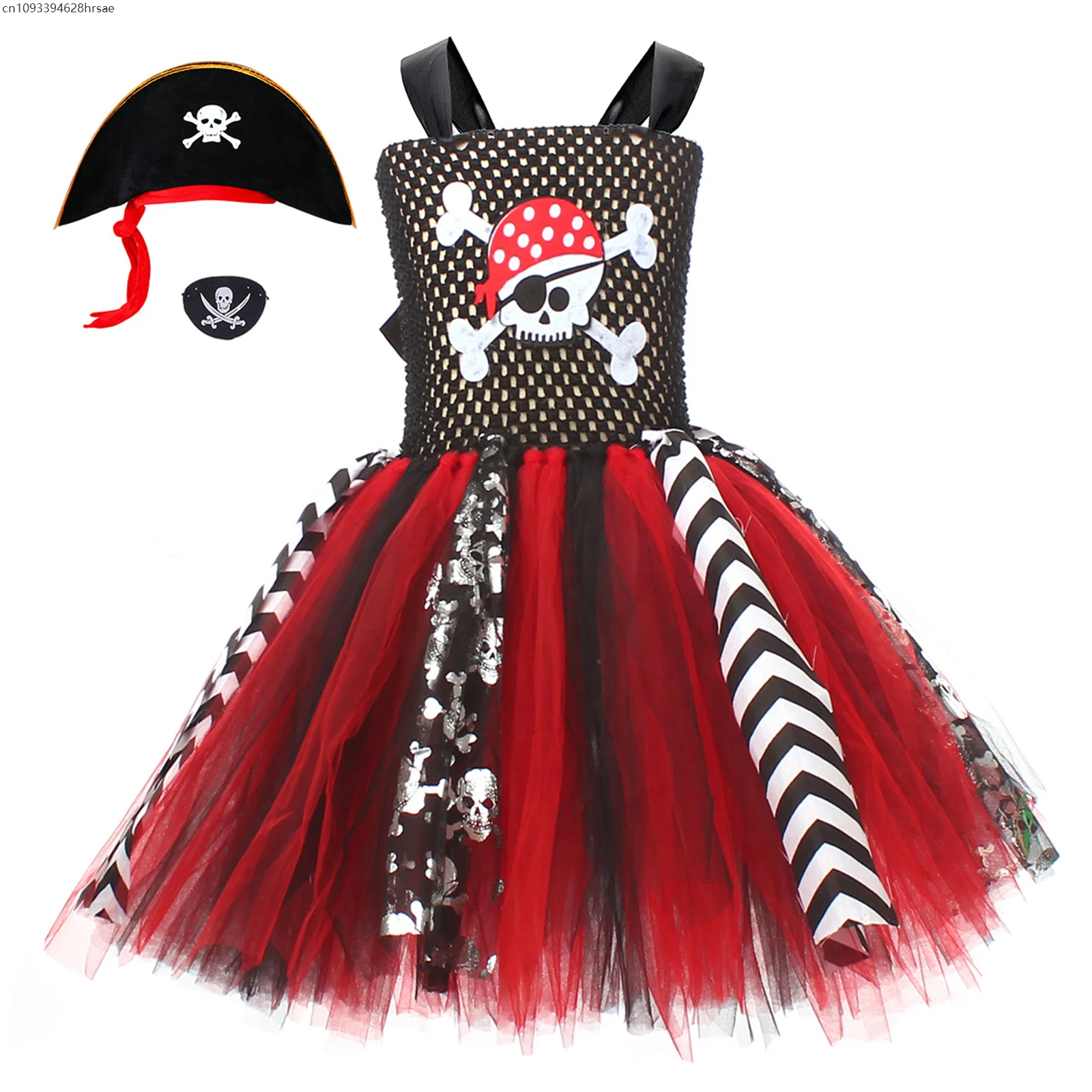 소녀를위한 반짝 이는 해적 캡틴 의상 모자와 반짝임 멋진 투투 드레스 어린이 할로윈 카니발 파티 변장 복장