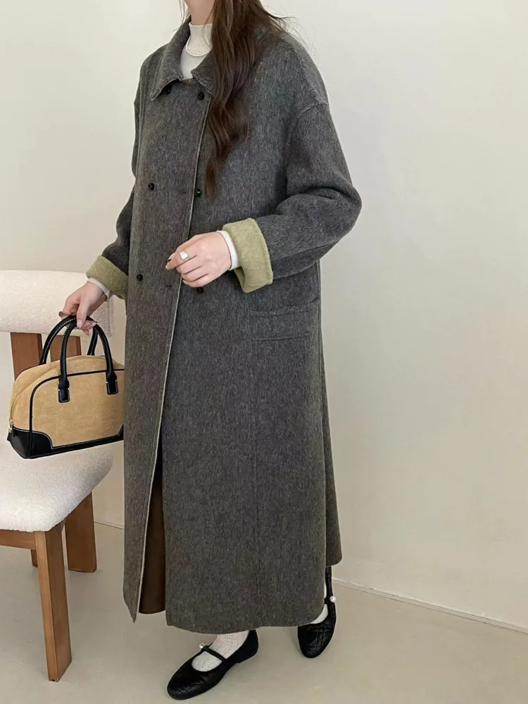 ZMEENNA femmes Double boutonnage Long manteau laine mélange vêtements d'extérieur avec revers cranté décontracté coupe ample veste ZM3967