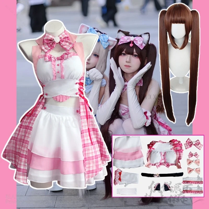 Anime Game NEKOPARA Chocola And Vanilla Cosplay Chocola Pink Idol Uniform Dress Lolita Wigs For Halloween Christmas Customized