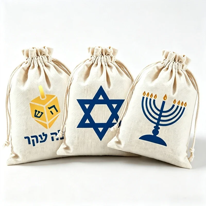 50pcs Rosh Hashanah Hanukkah Drawstring Gift Bags Dreidel Menorah Star of David Pattern Jewish Party Favor Pouches Treat Bags