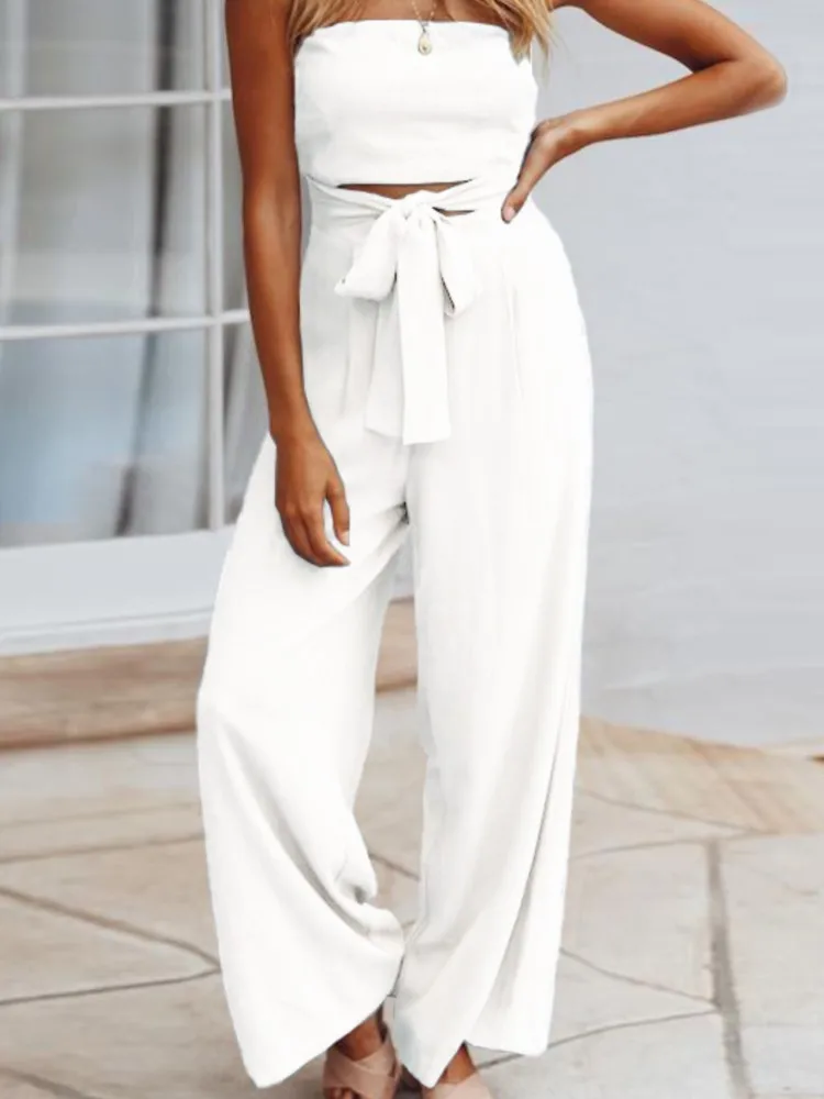 2025 Summer Lady Jumpsuit Casual Off Shoulder Sleeveless Large Size Cut Out Belted Wide Leg Rompers Women Jumpsuit