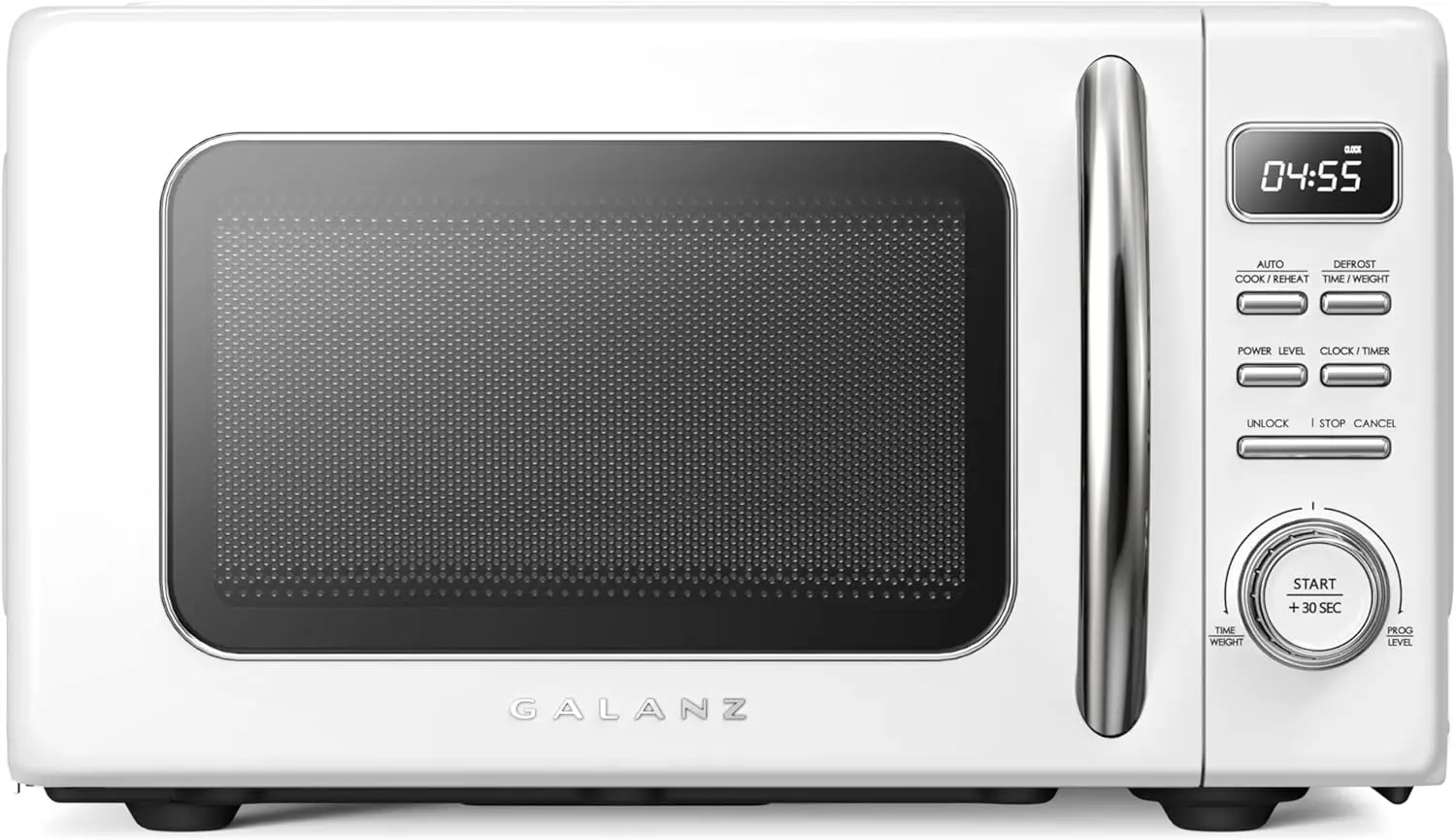 Vintage Compact Microwave Oven with Auto Cook, Reheat, Defrost, Quick Start, Easy-Clean Surface, Glass Turntable, Pull Handle, 0