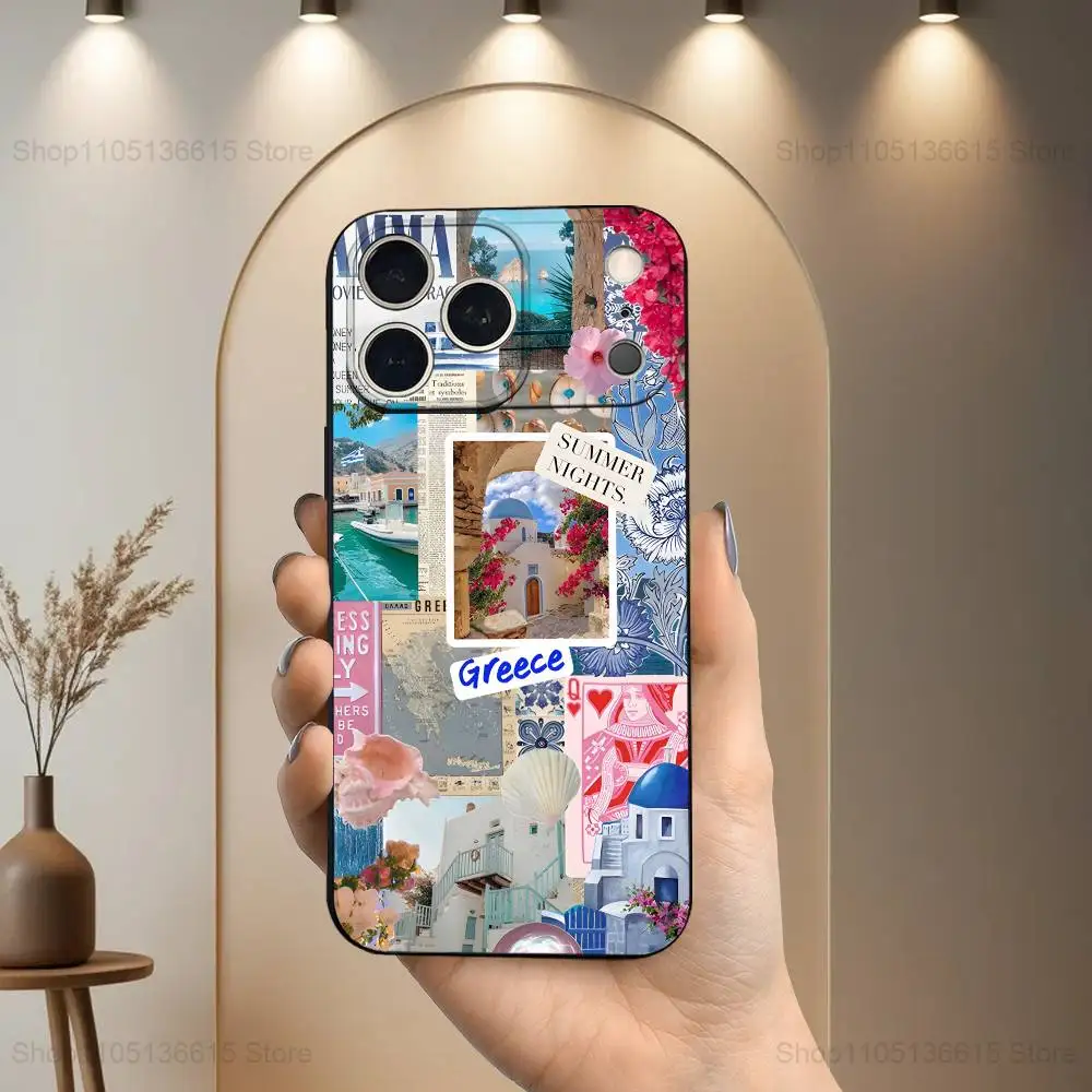 Funda de teléfono griega Aegean Sea Art para iPhone 17,16,15,14,13,12,11 Plus,Pro Max,XS,X,XR,SE,Mini,8,7, funda negra de silicona suave