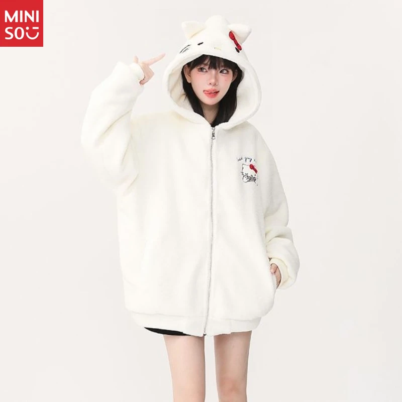 Miniso Cozy Hello Kitty Hooded Jacket, Cute Plush Fleece-Lined Winter Coat for Women