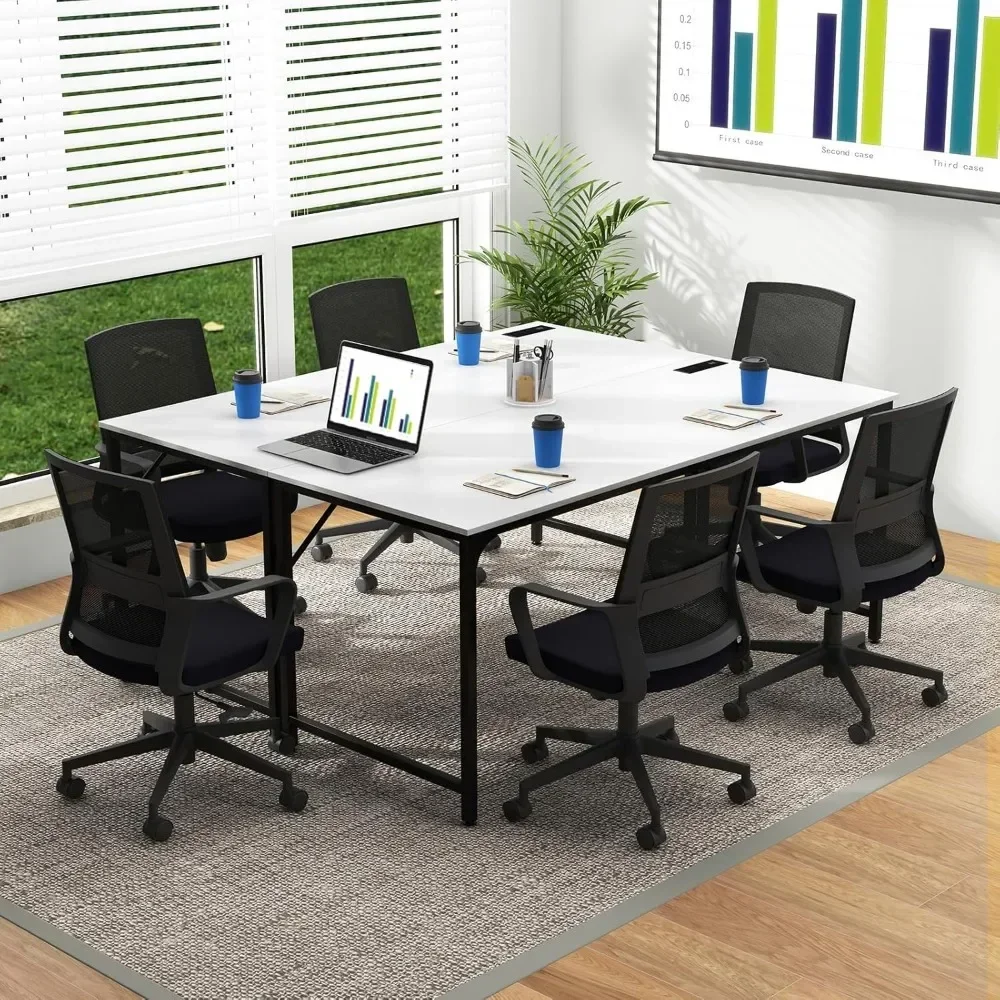 60" Conference Desk Set of 6, Modern Boardroom Desk with Storage Bag,Headphone Hook,Sturdy Metal Frame,Rectangular Seminar Table