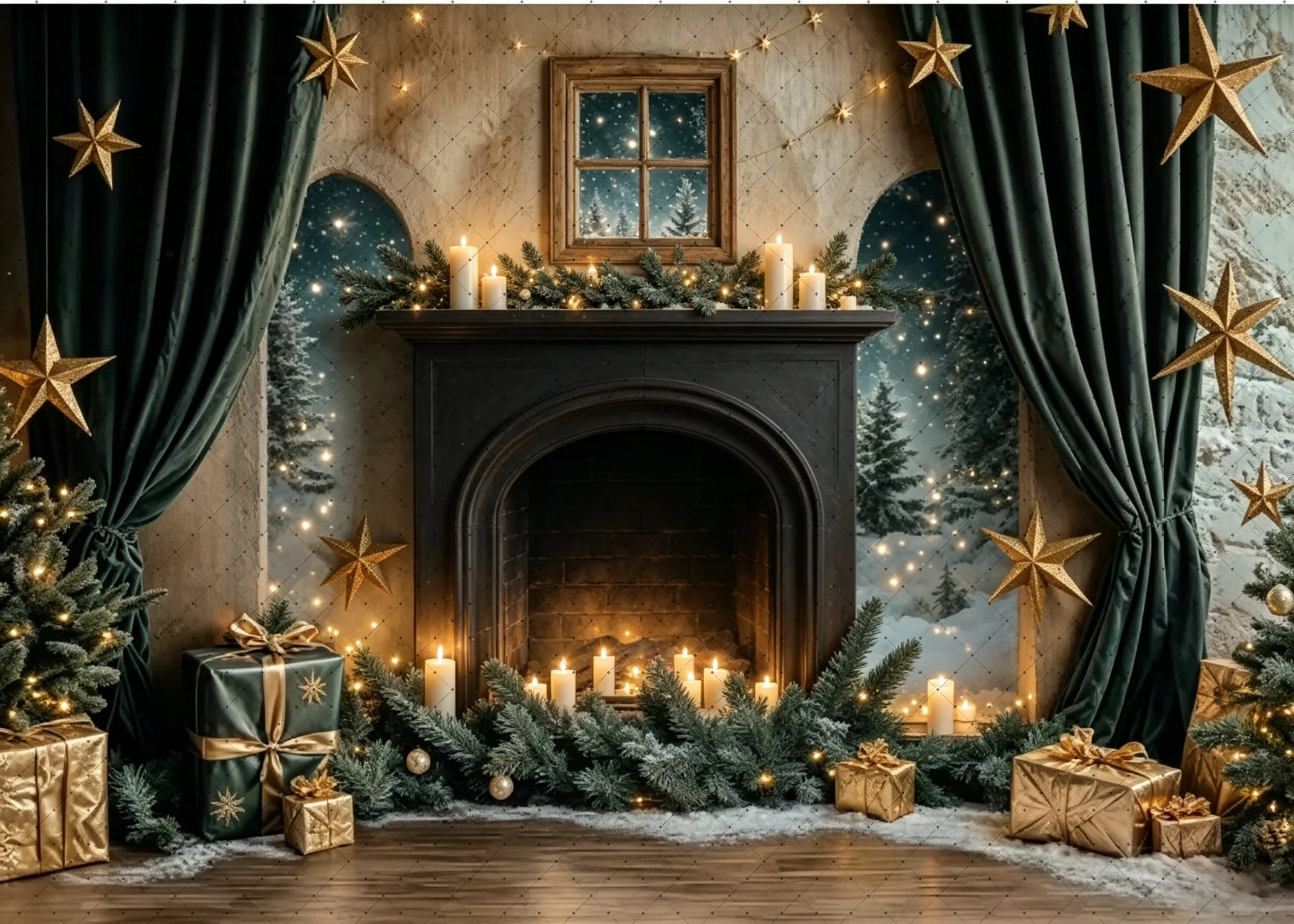 Christmas Photo Backdrop Winter Moonlight Arched Window Snowy Pine Trees Green Curtains Gift Boxes Candle Stars for Party Shoot