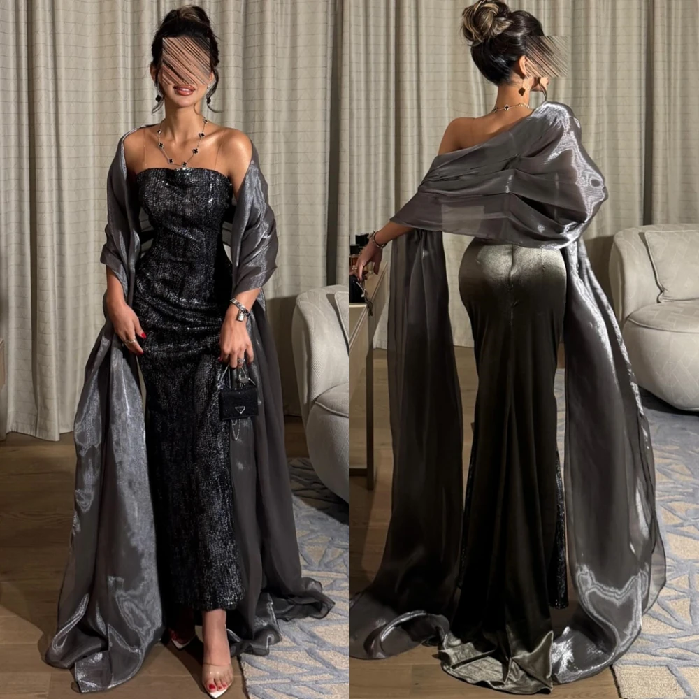 

Customized Luxury Satin Evening Dress Exquisite Strapless Mermaid Prom Dresses Modern Shawl Sweep Train Special Occasion Gowns