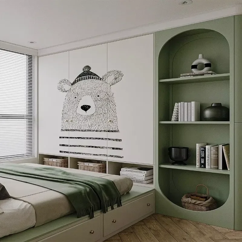 Comfortable modern solid wood retractable children's bedroom furniture set with wall bed, desk, bookshelf and wardrobe,