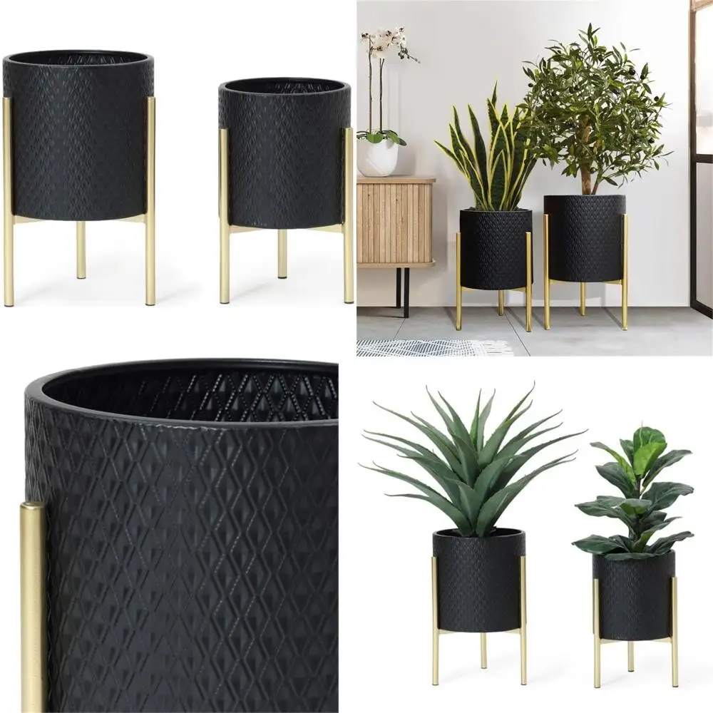 

Diamond Pattern Round Metal Planter Set, 2-Piece Black Pots with Gold Stands, Indoor Decorative Cachepot Set for Plants