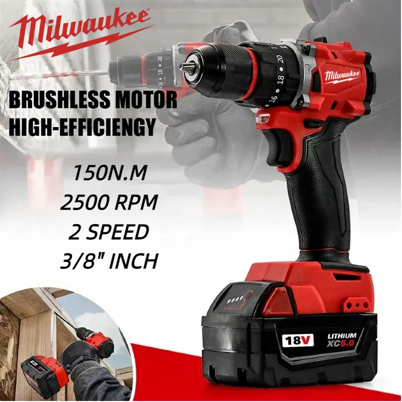 

Milwaukee Brushless Impact Drill 150N.m Cordless Electric Drill 20+3 Torque Small Drill Hammer Multifunctional Power Tools