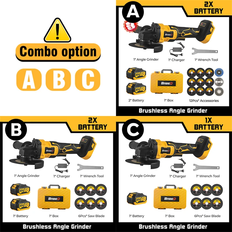 125mm M14 Brushless Angle Grinder 3 Gears Variable Grinder Woodworking Grinding Machine Power Tools with Battery Plastic Box