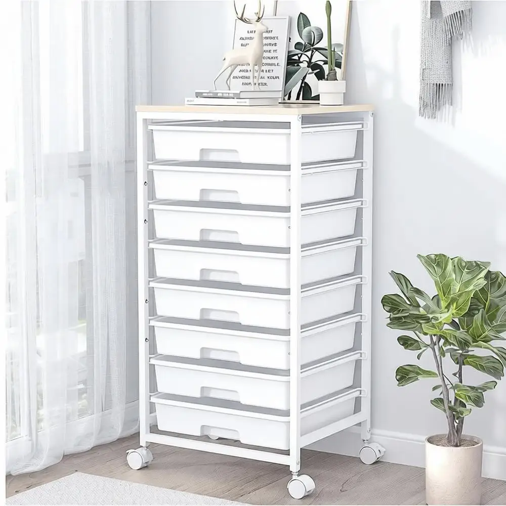 

Rolling Storage Cart, Utility Cart with 8 Drawers, Wooden Tabletop, Living Room, Classroom, Bedroom, Bathroom, Dorm, Office, Whi