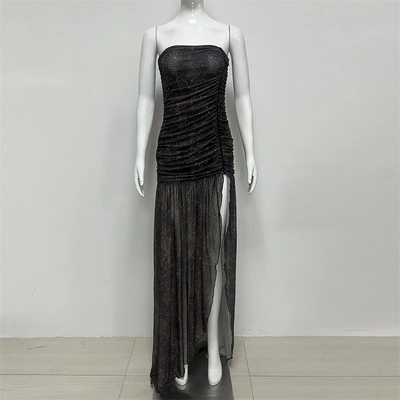 Crystals Black Prom Dress Sexy Strapless Sleeveless Side Split Ruffles Party Gown Formal Wedding Guest Birthday Evening Robe