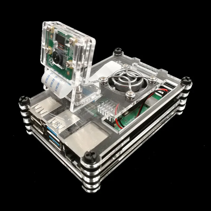 Transparent Camera Holder Acrylic Support Bracket Case Raspberry Pi 4B Case Plastic Box with Cooling Fan Heatsink H