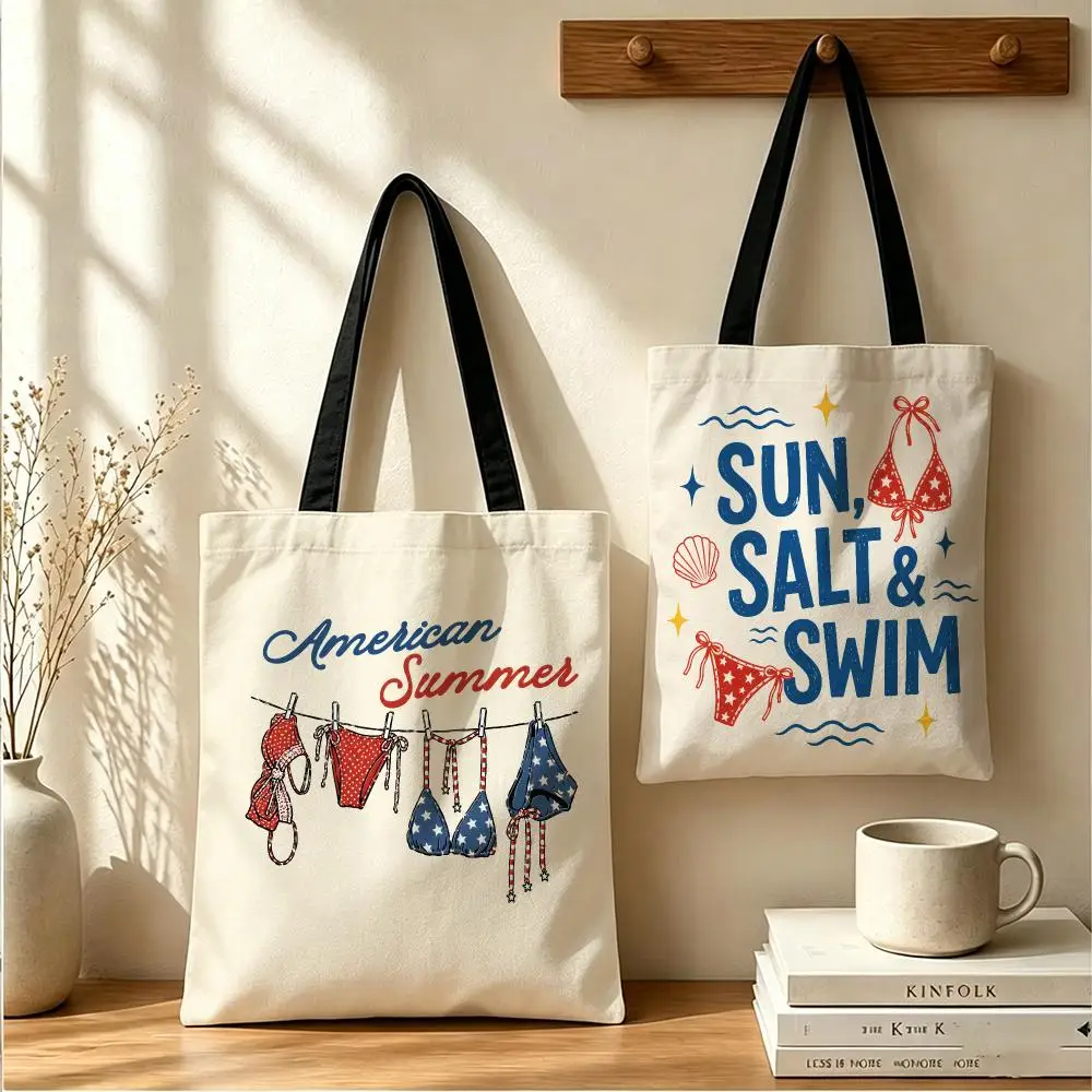Patriotic  Summer Season Storage Bags Canvas Tote Bag Women Large Capacity Reusable Shopping Shoulder Bag Daily Handbag