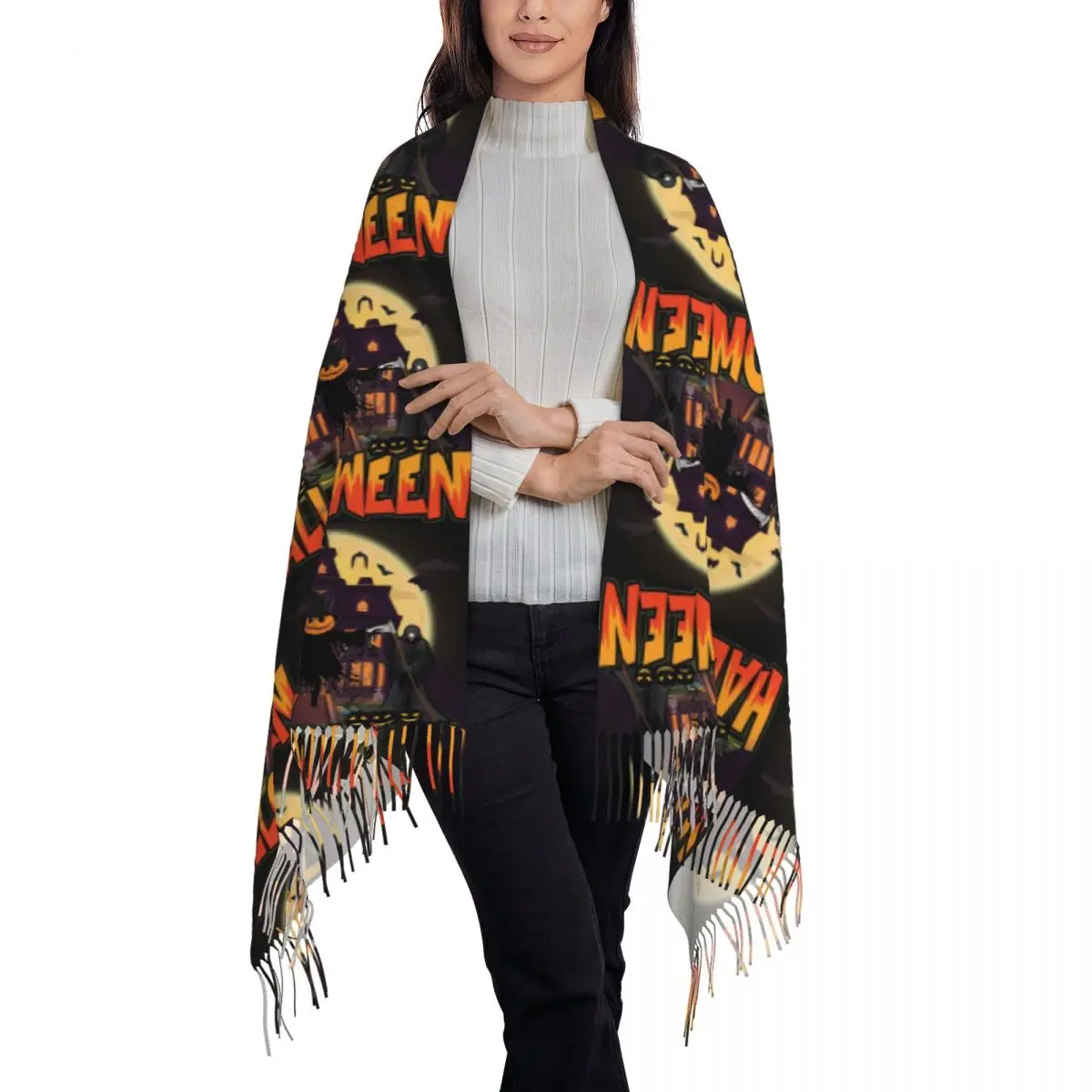 Pumpkin Scary House, Halloween Scarf Tassel Scarves for Women Soft Warm Shawls and Wraps Large Fall Winter Shawl Wrap