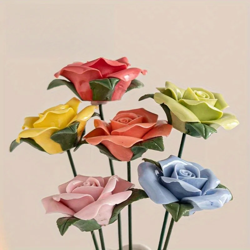 6 Handmade Ceramic Rose Bouquets, Artificial Stems, Timeless Roses That Do Not Fade Or Pollute, High Quality, DIY Home