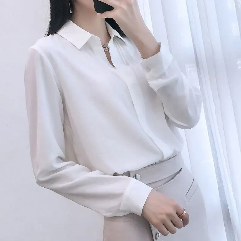 Spring New Basic All-match Shirt Tops Polo Neck Long Sleeve Solid Color Simplicity Office Blouse Elegant Fashion Women Clothing