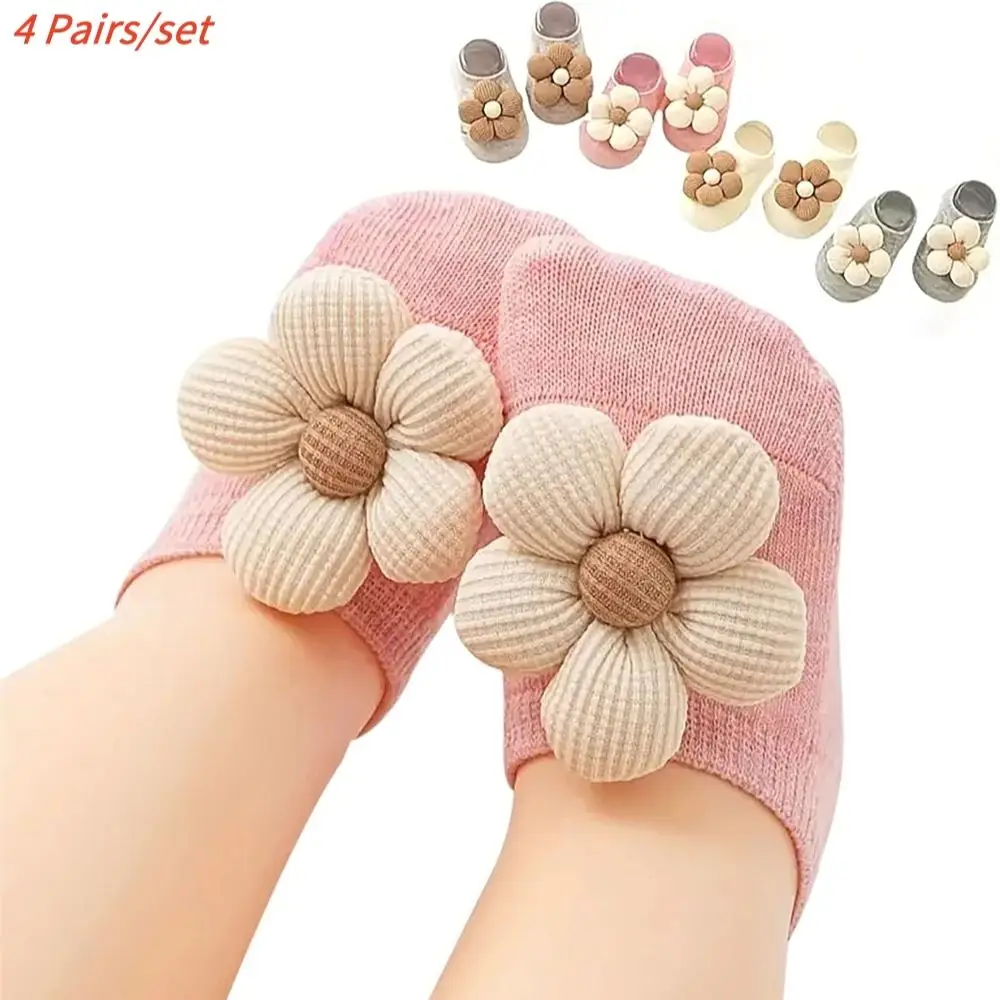 

4 Pairs Baby Newborn Babies Socks For Girls Cute Flowers Toddler Princess Anti-Skid Children Sock Infant Soft Elastic Baby Stuff