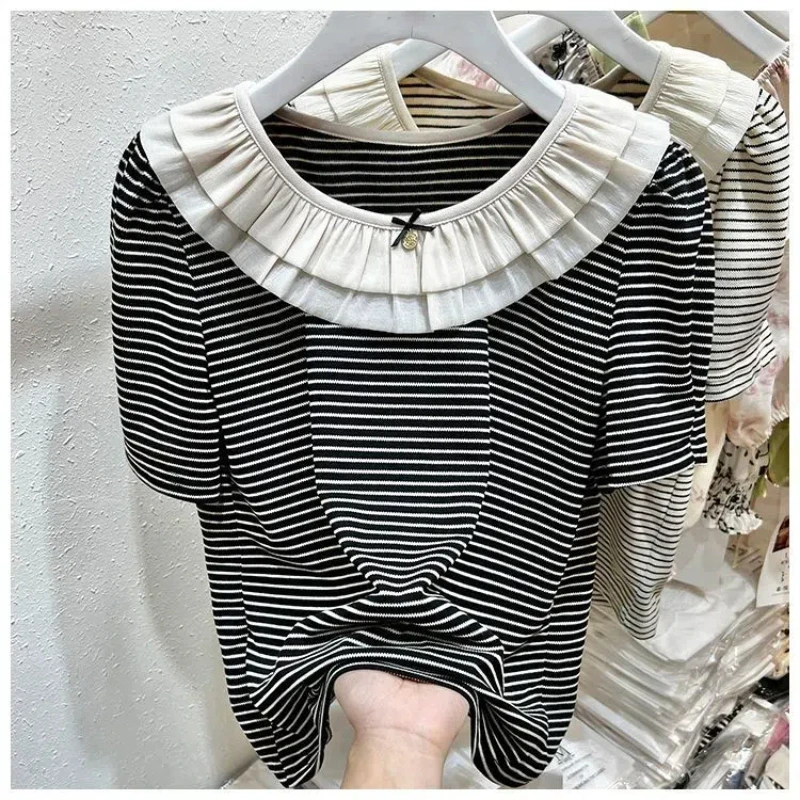 

Women's 2024 Summer Pullover O-Neck Spliced Striped Chiffon Ruffles Fashion Loose Minimalist Casual Short Sleeved T-Shirts Tops