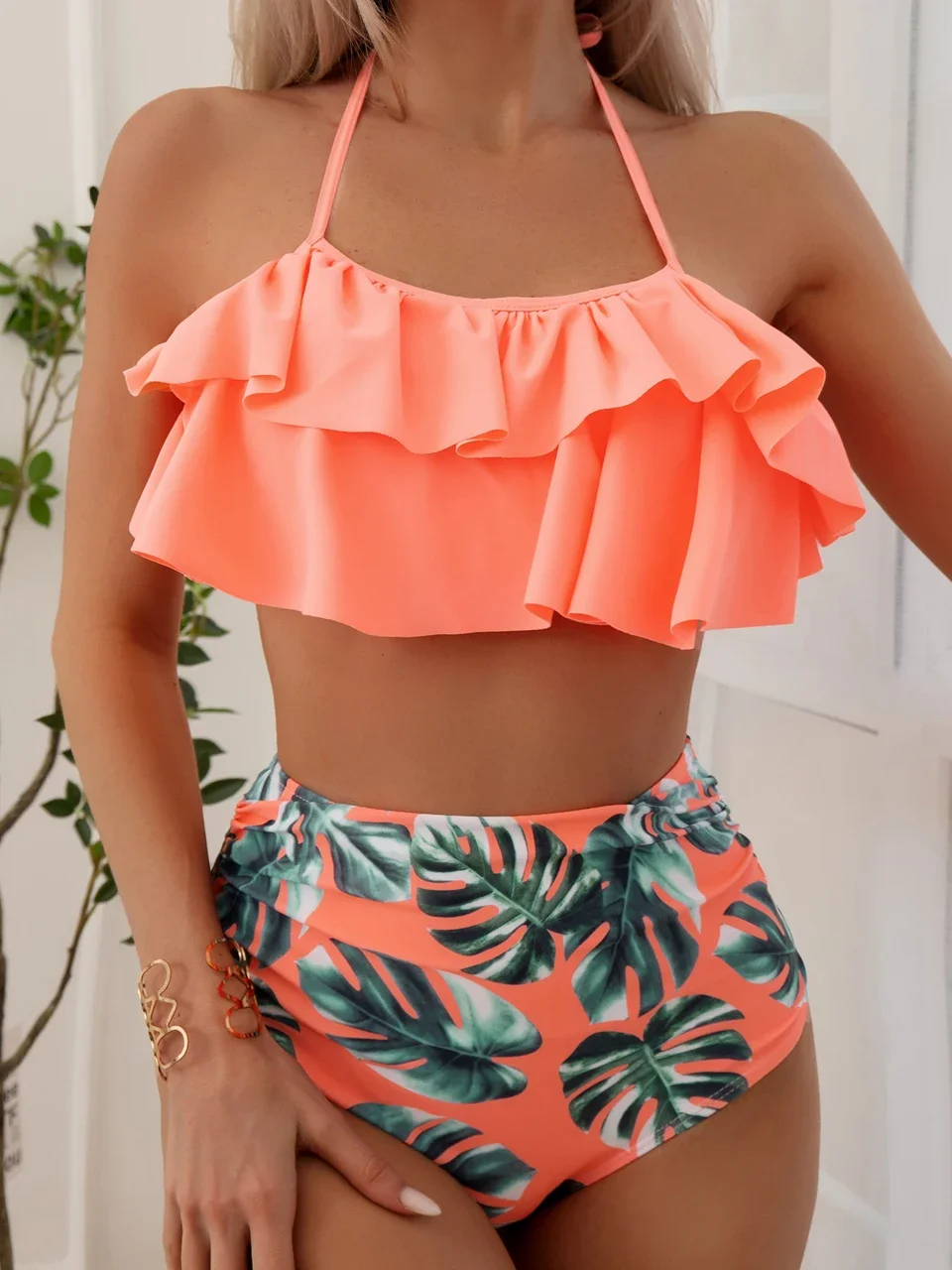 

2025 Fashion Ruffle Trim Bikinis Women Lace Up Swimsuit High Waist Swimwear Beachwear Female Summer Bathers Swimming Swim Suit