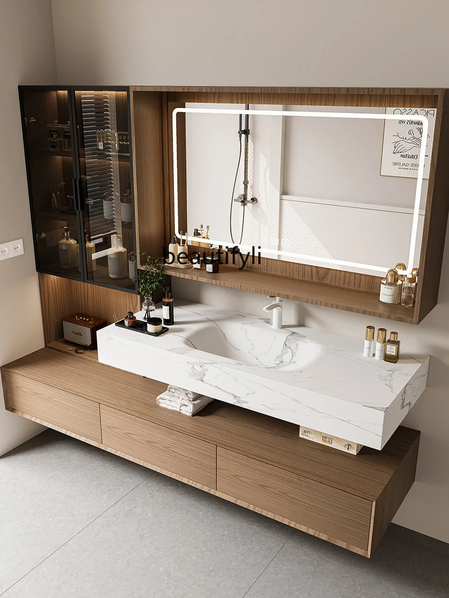 Minimalist walnut color, rock slab integrated basin, rubber wood bathroom cabinet combination washbasin