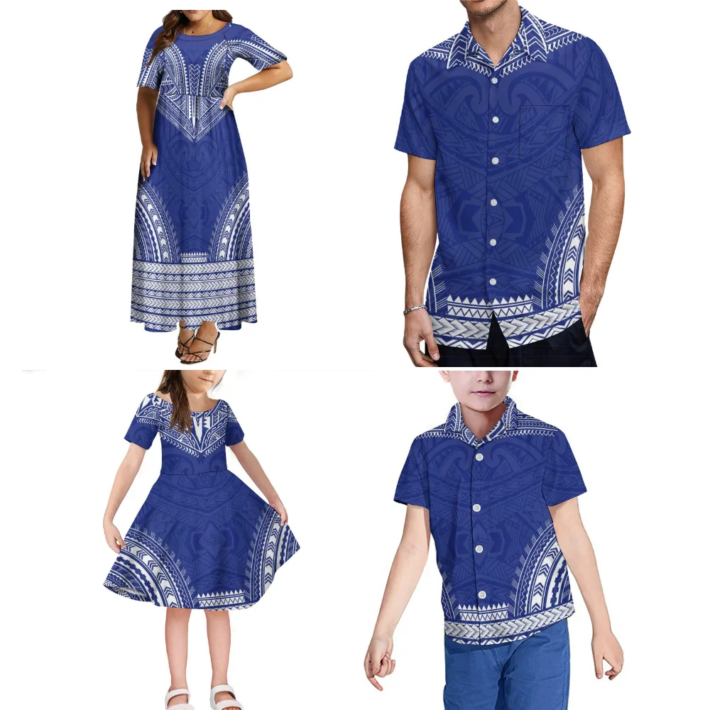 Polynesian Family Party Adult Children'S Clothing Custom Samoan Print Women Girls Dresses Men Boys Shirts Factory Direct