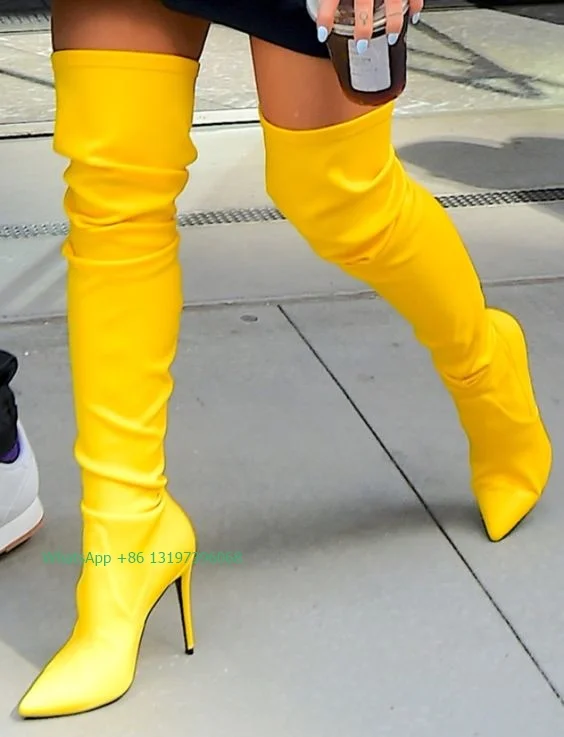 

Lady bright yellow sexy thigh elastic boots over the knee punk street style boots new arrive pointed toe daily high heels boots