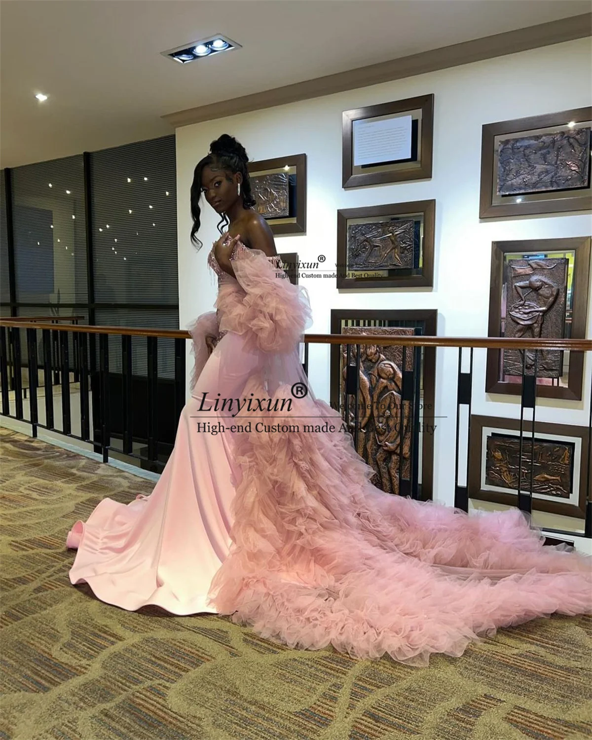 Luxury Beaded Crystals Pink Mermaid Prom Dress Ruffles Sleeves Birthday Evening Party Gown Long Black Girls Gala Robe De Soiree