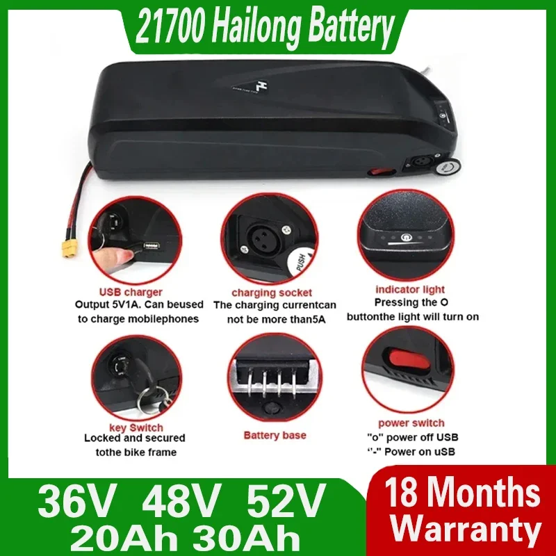 48V 20Ah 36V 30Ah 52V 30Ah 21700 Hailong G56 G70 EBike Battery Electric Bicycle Battery for Bafang250W 500W 750W 1000W 1500W