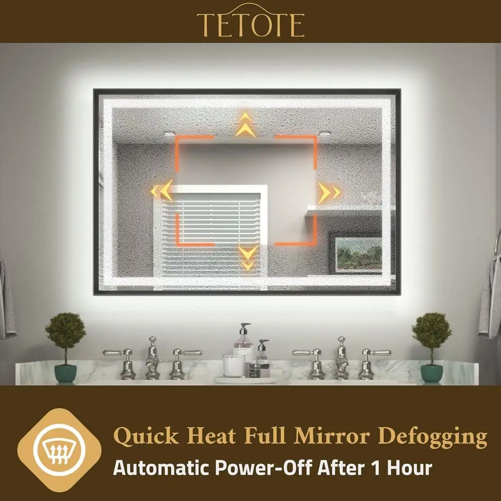 Miroir de courtoisie LED à cadre noir brossé antibuée 30 x 30 avec éclairage avant et arrière, 3 températures de couleur, salle de bain murale