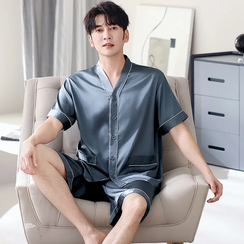 Summer Men's Plus Size Ice Silk Pajamas Short Sleeve Shorts V-Neck Open Front Kimono Breathable Loose Loungewear pyjama homme