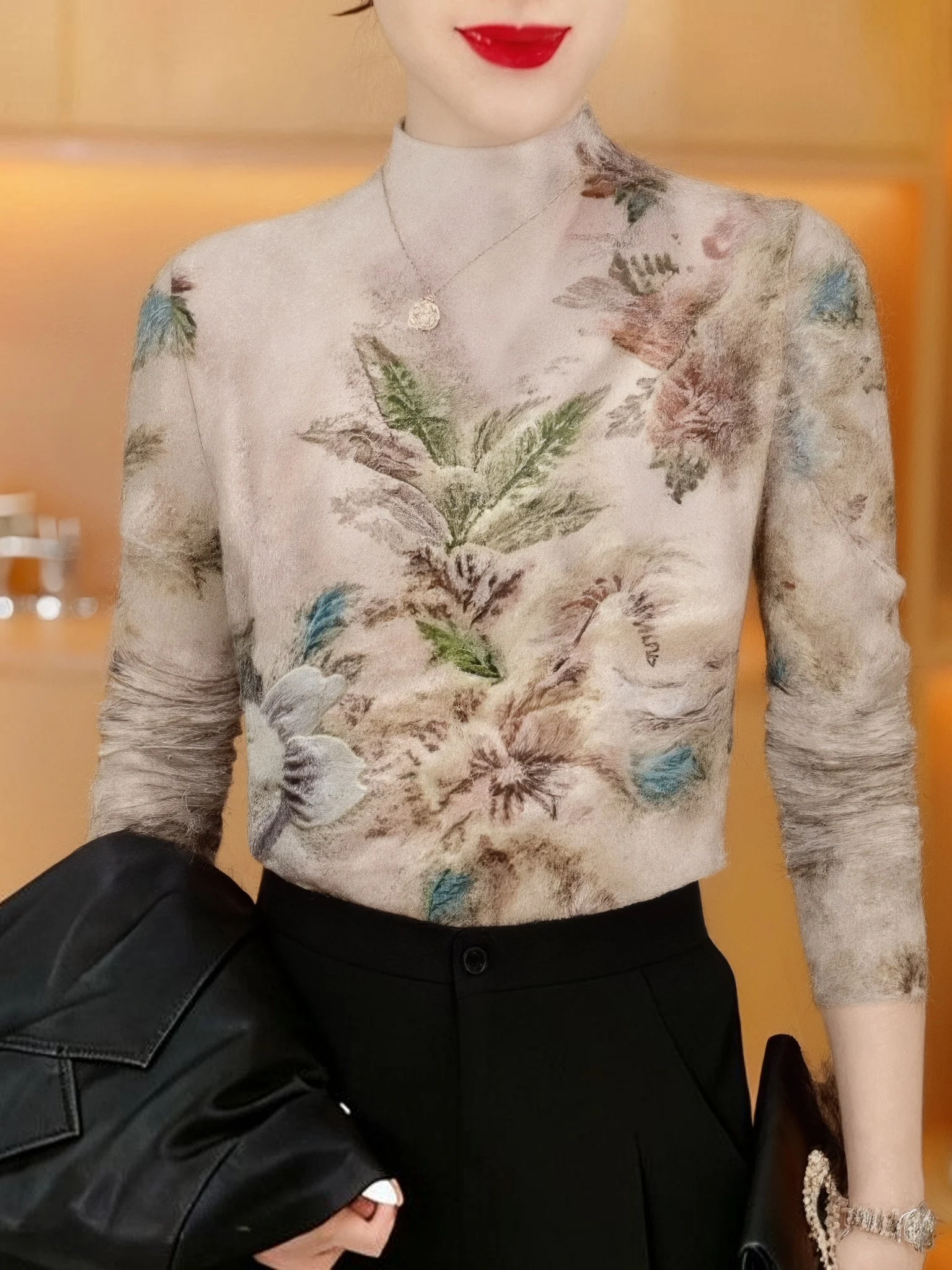 

Утепленная флисовая рубашка с длинным рукавом и принтом для женщин среднего и пожилого возраста, с полувысоким воротником, утягивающая, антивозрастная, в стиле «Мамочка»