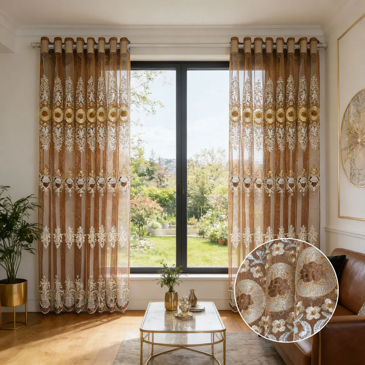 Brown Floral Embroidery Sheer Grommet Curtain, Luxury European Voile Drape for Universal Living Room Villa Bedroom Decor