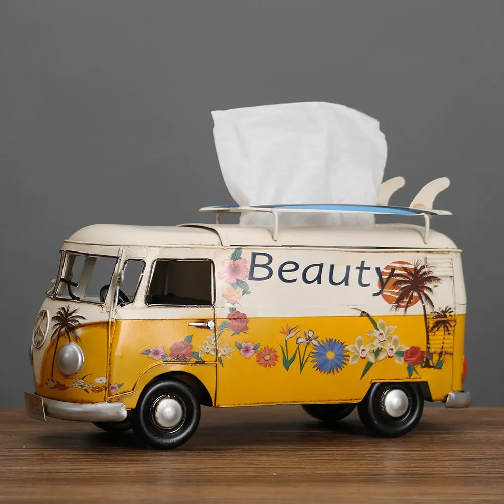 

Vintage Iron Art Bus Model Tissue Box Figurines Retro Van Car Design Napkin Dispenser Holder Home Decro