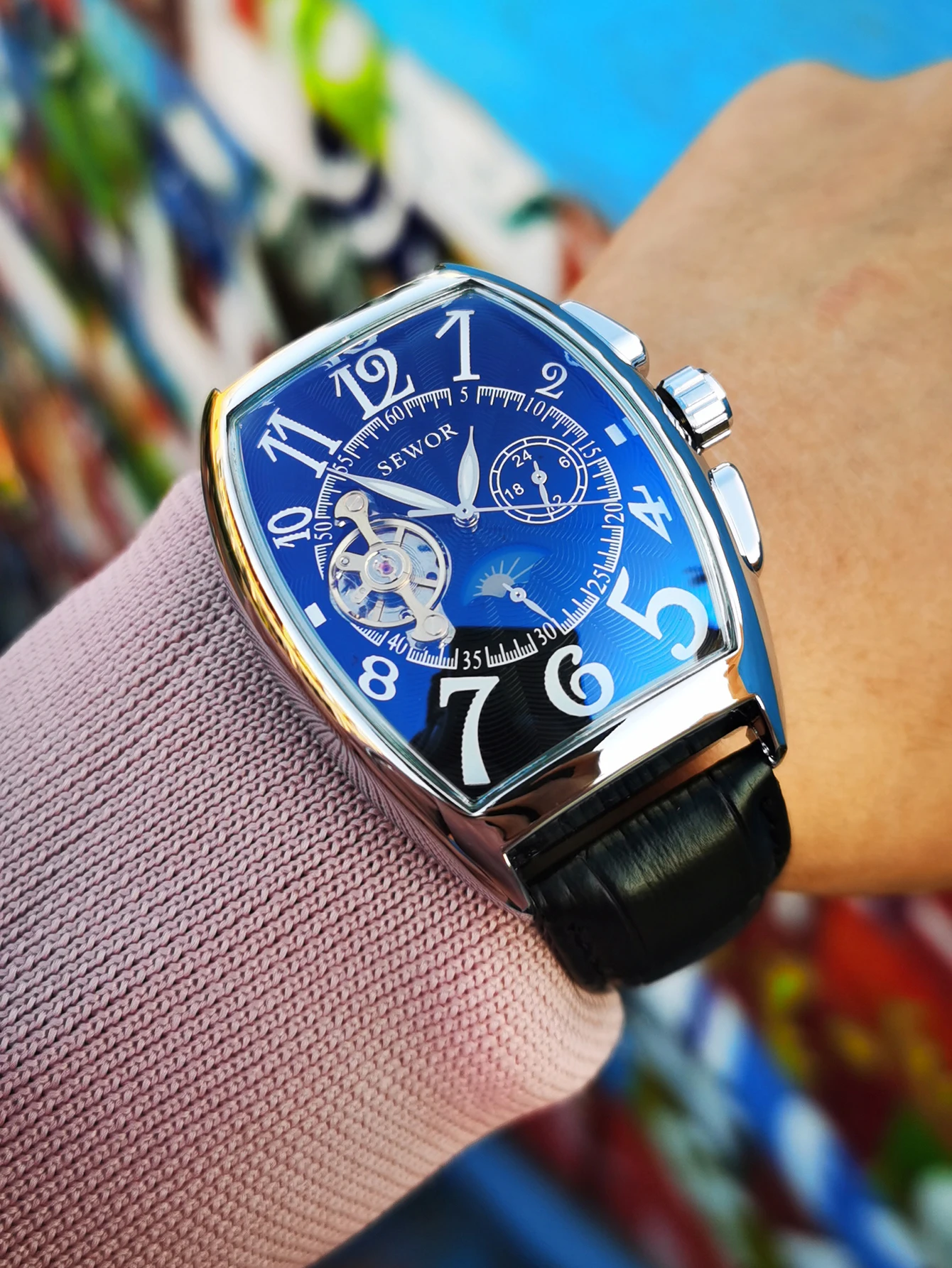 ساعة SEWOR Tonneau الهيكل العظمي للرجال مضيئة الأيدي توربيون ساعات آلية أوتوماتيكية حزام من الجلد ساعات المعصم التجارية