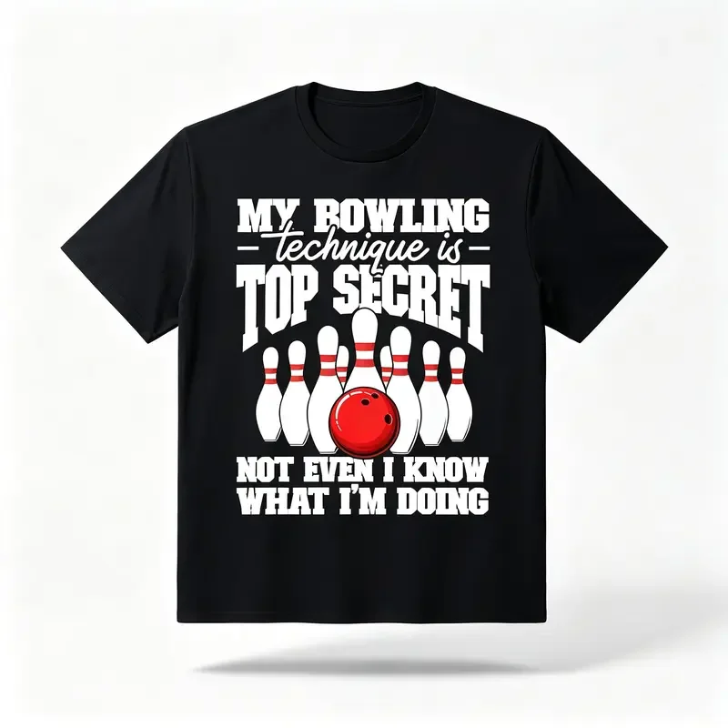 Y Bowling Technique Is Top Secret, Fun Bowling Enthusiast T-Shirt [Extra Size] Tagline Printed Casual Short-Sleeved T-Shirt | Breathable Summer Fabric | Regular Version for Casual Wear | Daily Comfort | Opaque Material, Extra Size