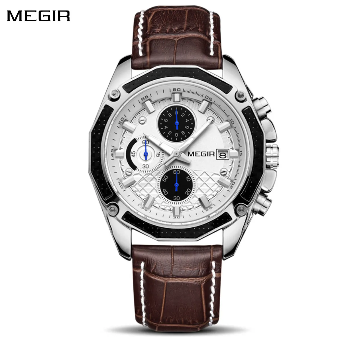 MEGIR Men\'s Watches Fashion Quartz Sports Large Dial Wristwatches Leather Strap Casual Waterproof Clock Chronograph Montre Homme