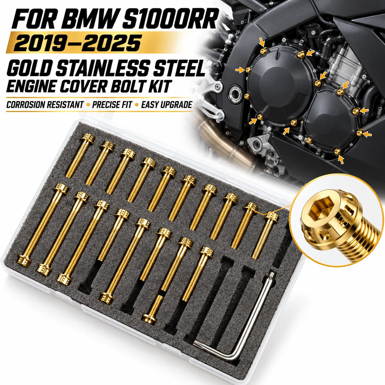 Engine Cover Bolt Kit Gold For BMW S1000RR 2019-2025 Stainless Steel Engine Case Screws Set Motorcycle Fastener Upgrade Parts