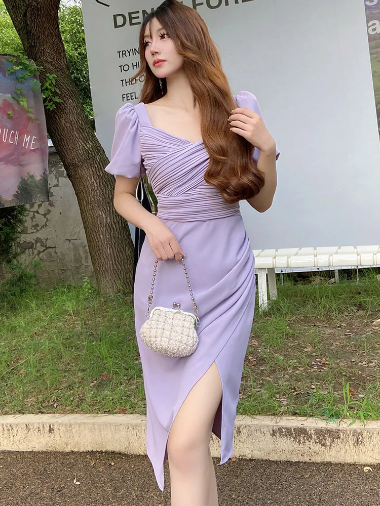 Dabuwawa Pleated Dress Square Collar Autumn 2023 Women Puff Sleeves A-Line Skirt Slim High Waist DM1BDR370