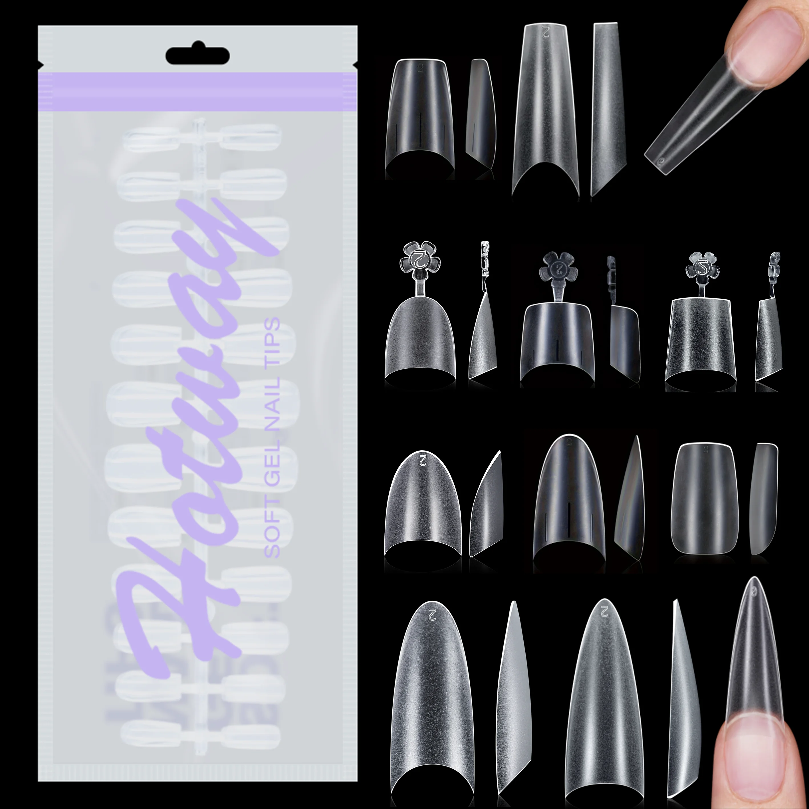 HOTWAY 360 Pièces - Ongles artificiels transparents entièrement givrés, courts, moyens et longs, en forme d'amande, carrés et en forme de cercueil