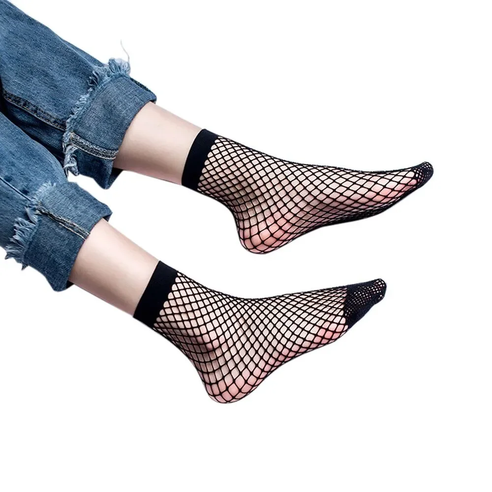 1Pair Punk Women Girls Sexy Black Hollow Out Breathable Mesh Fishnet Socks Female Gothic Stretchable Short Hosiery Ankle Socks